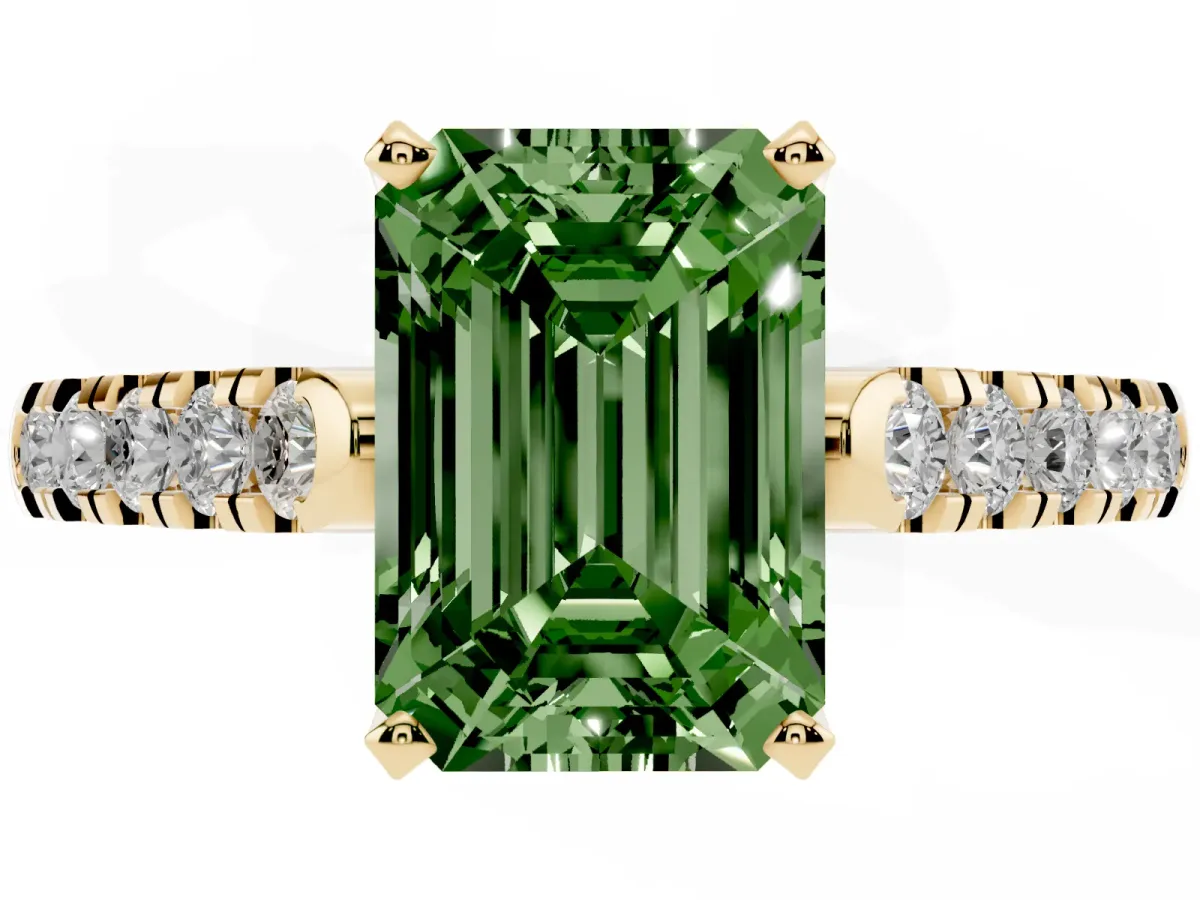 Fancy Green Emerald Cut Diamond Pavé Band Solitaire Ring with Prong Setting Yellow gold