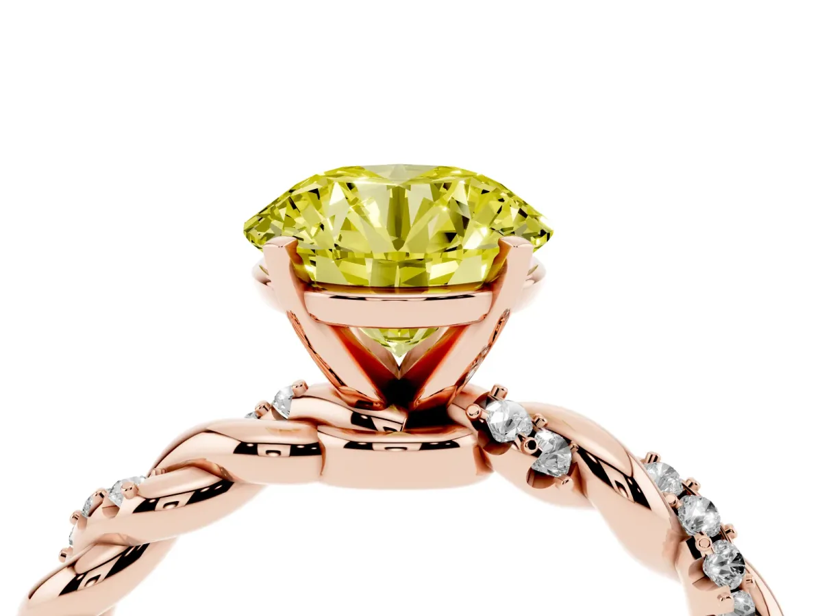 Fancy Yellow Round Cut Diamond Solitaire Ring with Twisted Band and Pavé Accents Rose gold