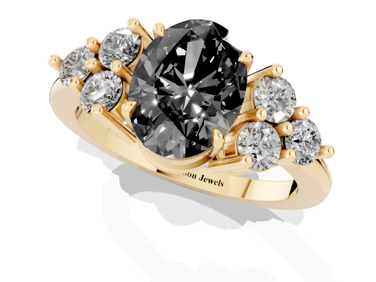 Fancy Black Oval Cut Brilliant Diamond Cluster Accent Solitaire Ring with Prong Setting Yellow gold