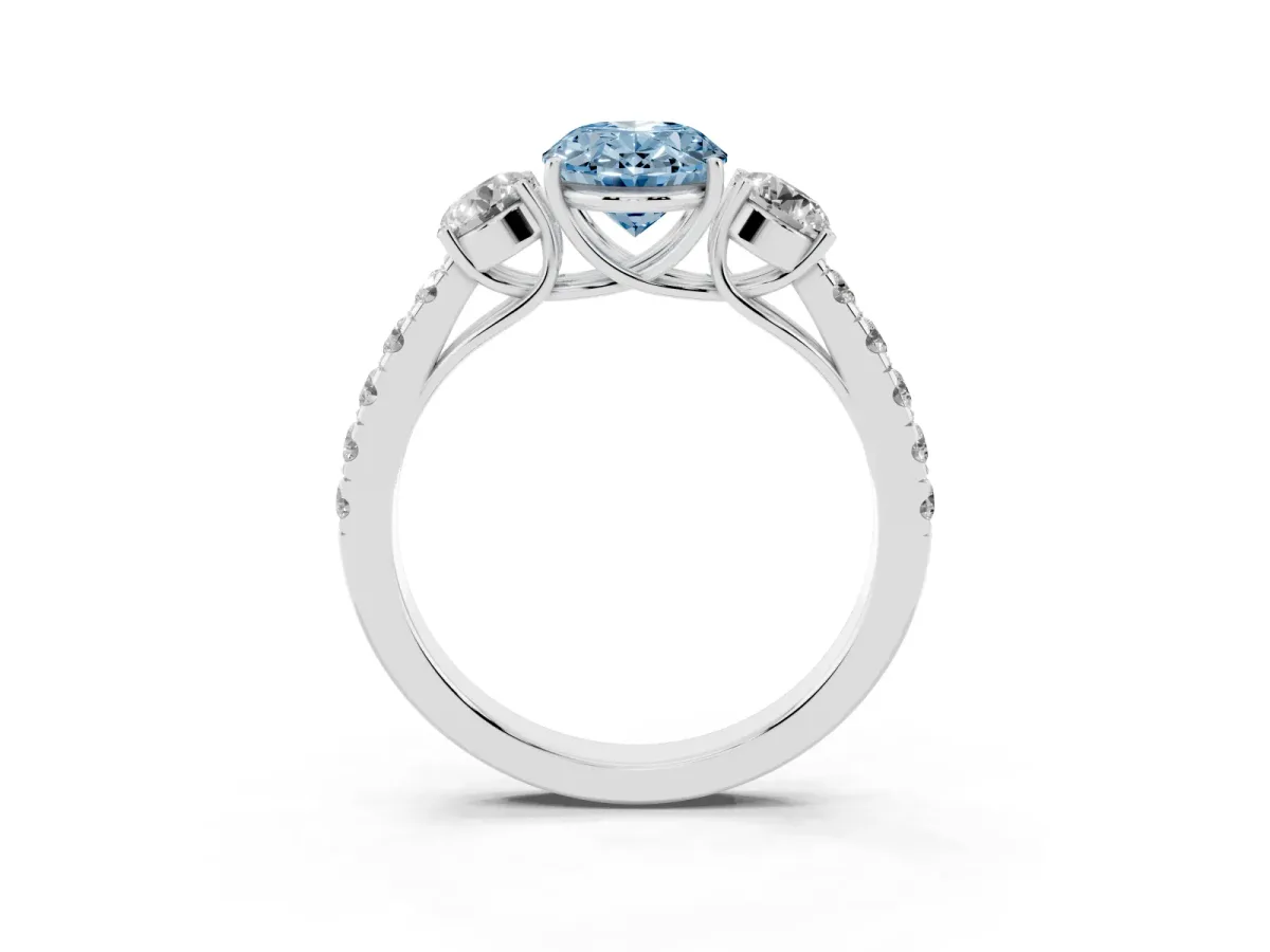 Fancy Blue Oval Cut Cut Diamond Three-Stone Ring with Round Side Stones and Pavé Band Silver