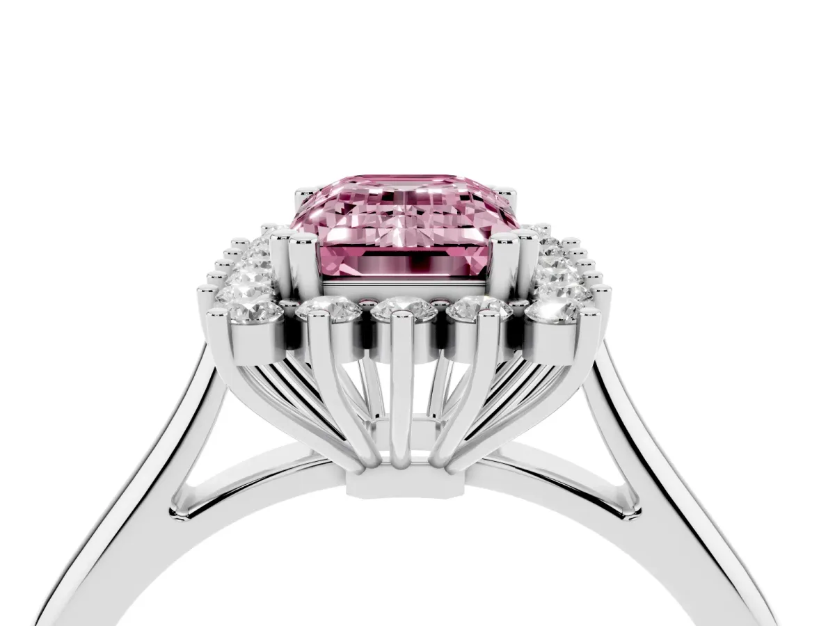 Fancy Pink Emerald Cut Cut Diamond Halo Ring with Solitaire Band and Prong Setting Platinum