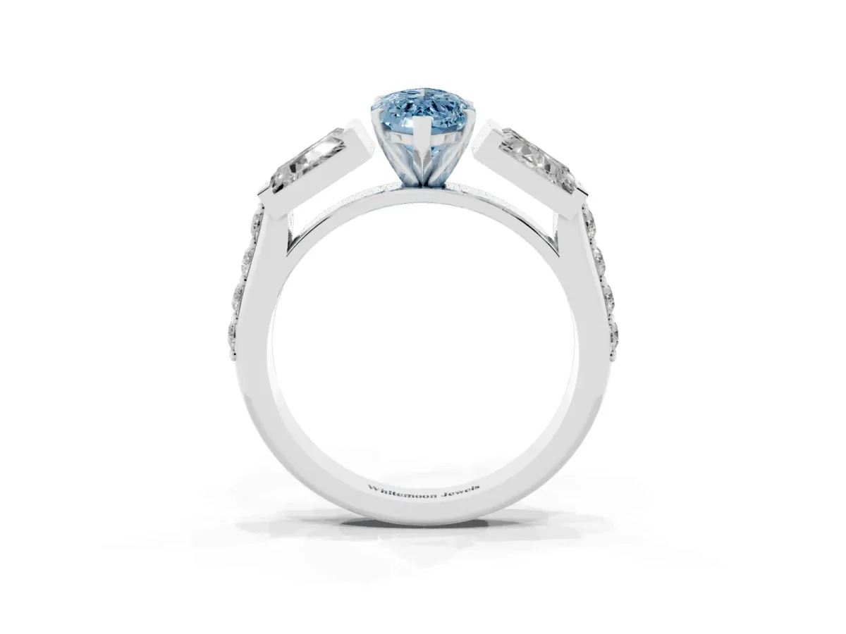 Fancy Blue Marquise Cut Diamond Engagement Ring with Baguette Side Stones and Channel Set Band Platinum
