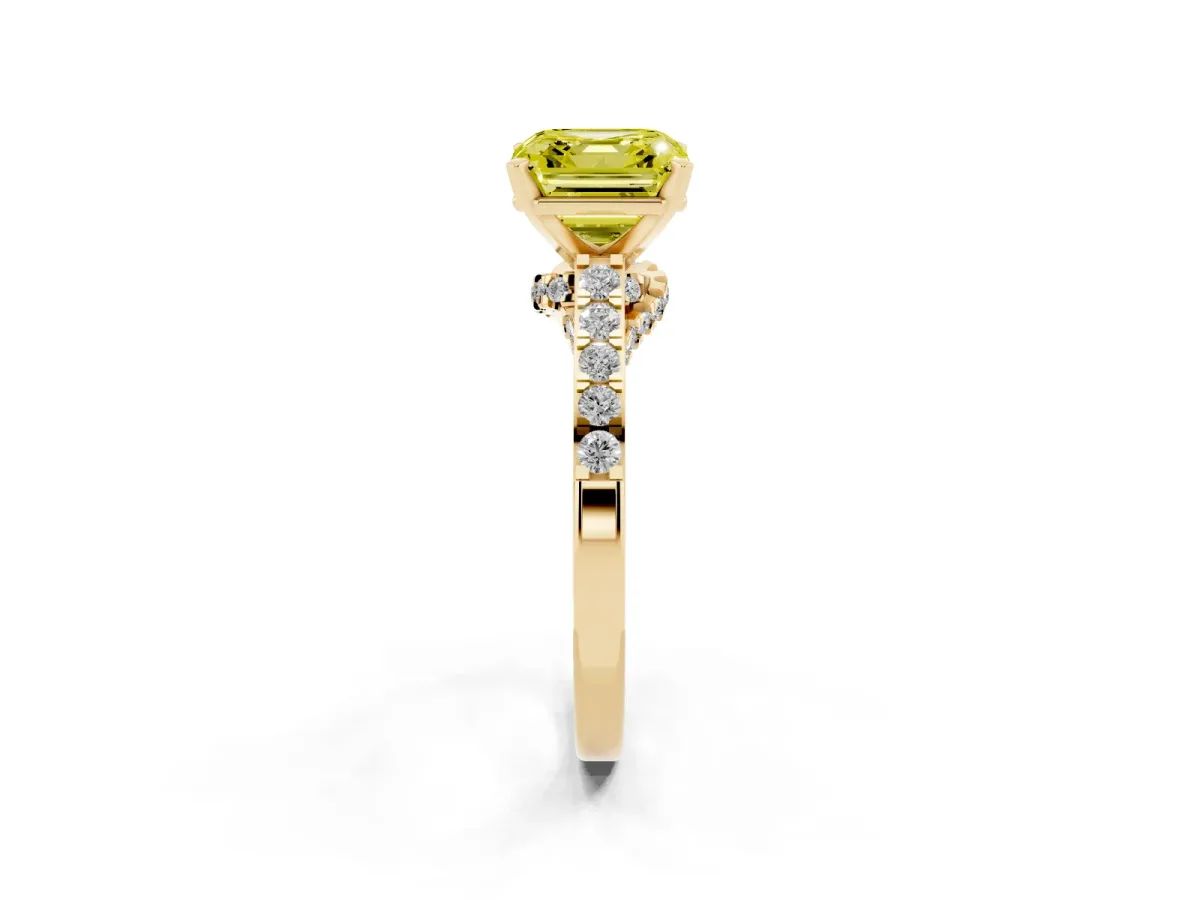 Fancy Yellow Asscher Cut Diamond Solitaire Ring with Crossover Gallery and Round Pavé Band Yellow gold