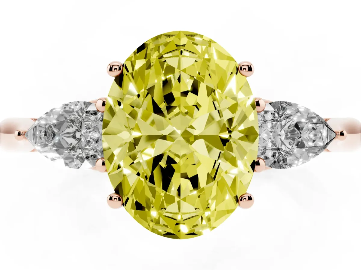 Fancy Yellow Three-Stone Oval Cut Brilliant Diamond Solitaire Ring with Tapered Band and Four-Prong Setting Rose gold
