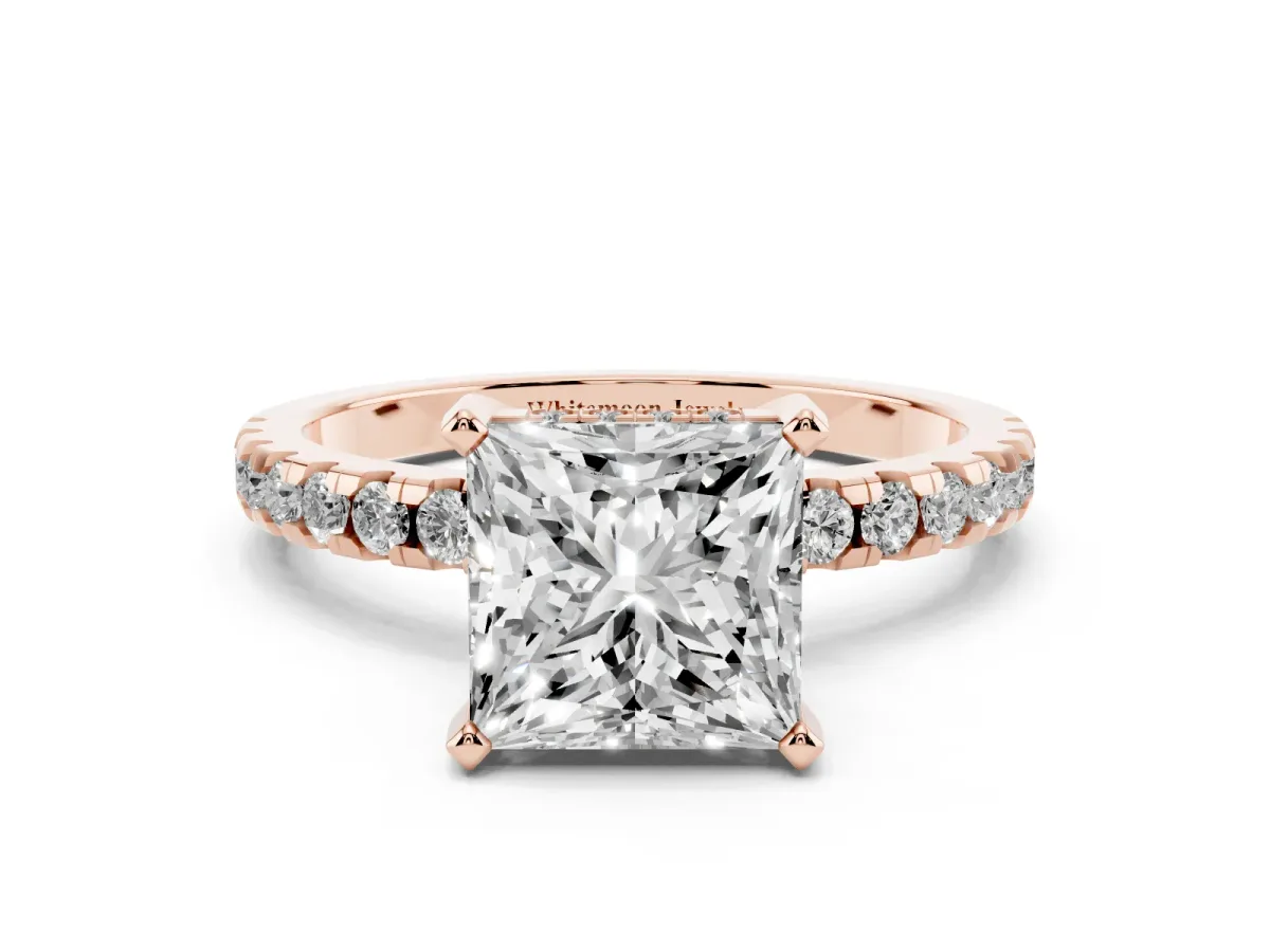 Princess Cut Diamond Solitaire Ring with Round Pavé Band and Four-Prong Setting Rose gold