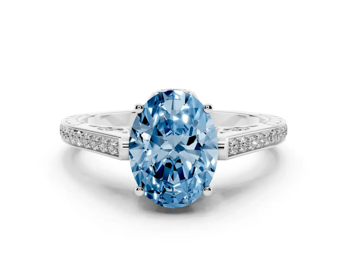 Fancy Blue Oval Cut Cut Cathedral Pave Diamond Engagement Ring with Six-Prong Setting Platinum