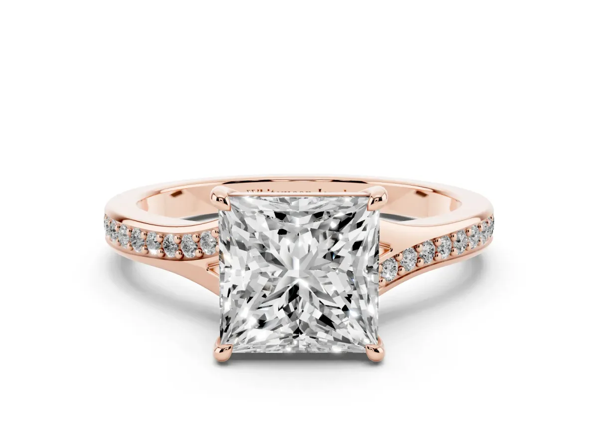 Princess Cut Diamond Solitaire Ring with Pavé Band and Prong Setting Rose gold