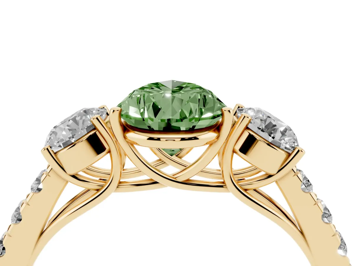 Fancy Green Pear Cut Cut Diamond Three-Stone Ring with Round Side Stones and Pavé Band Yellow gold