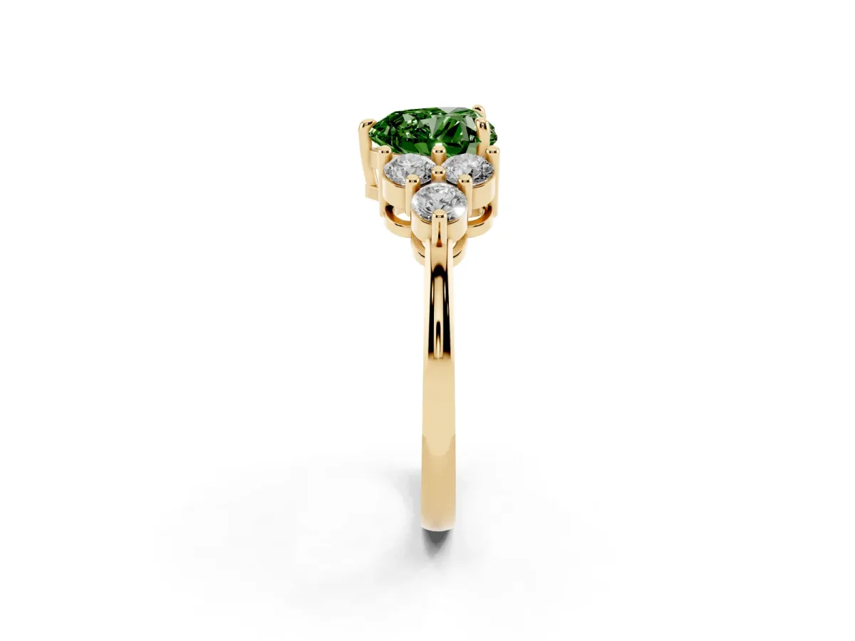 Fancy Green Heart Cut Brilliant Diamond Cluster Accent Solitaire Ring with Prong Setting Yellow gold