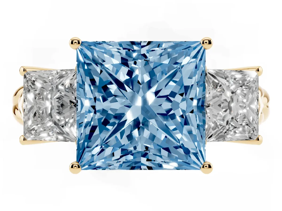 Fancy Blue Three-Stone Princess Cut Diamond Braided Band Ring with Four-Prong Setting Yellow gold