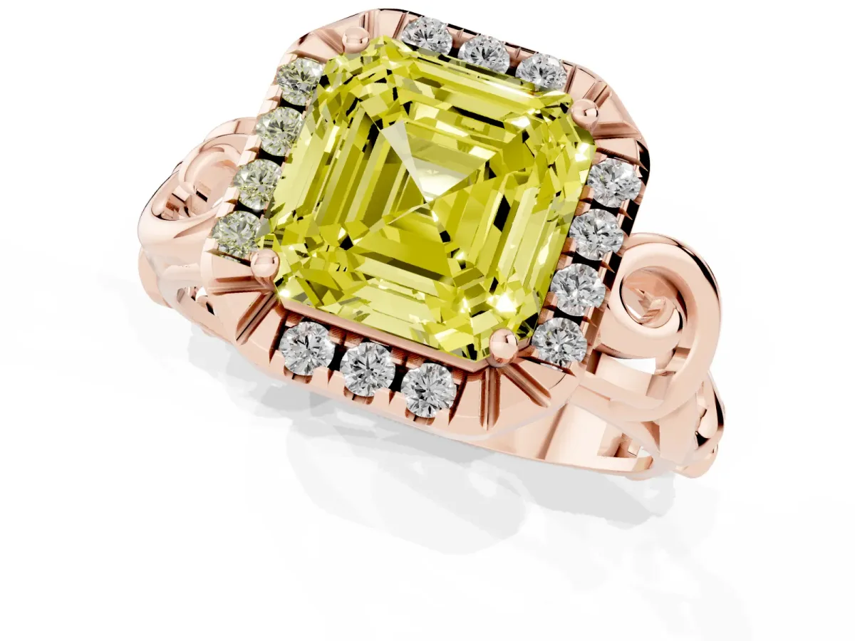 Fancy Yellow Asscher Cut Cut Halo Diamond Ring with Scrollwork Band and Four-Prong Setting Rose gold