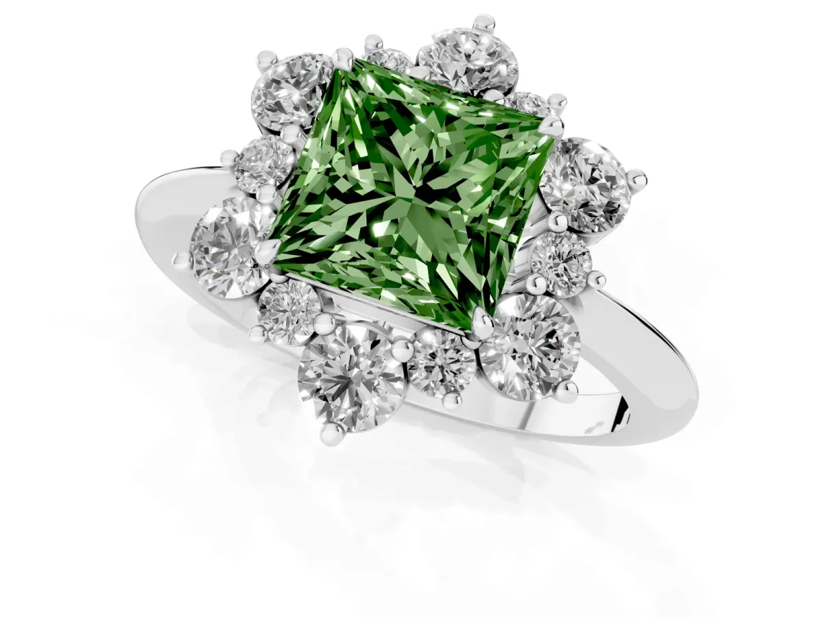 Fancy Green Princess Cut Diamond Cluster Halo Ring with Solitaire Band and Four-Prong Setting Platinum
