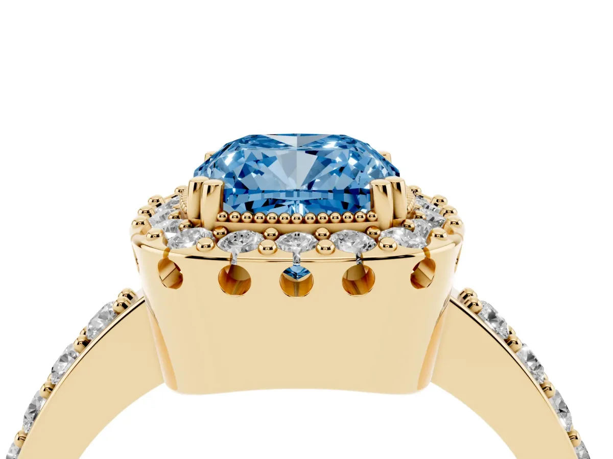 Fancy Blue Cushion Cut Diamond Halo Ring with Pavé Band and Prong Setting Yellow gold