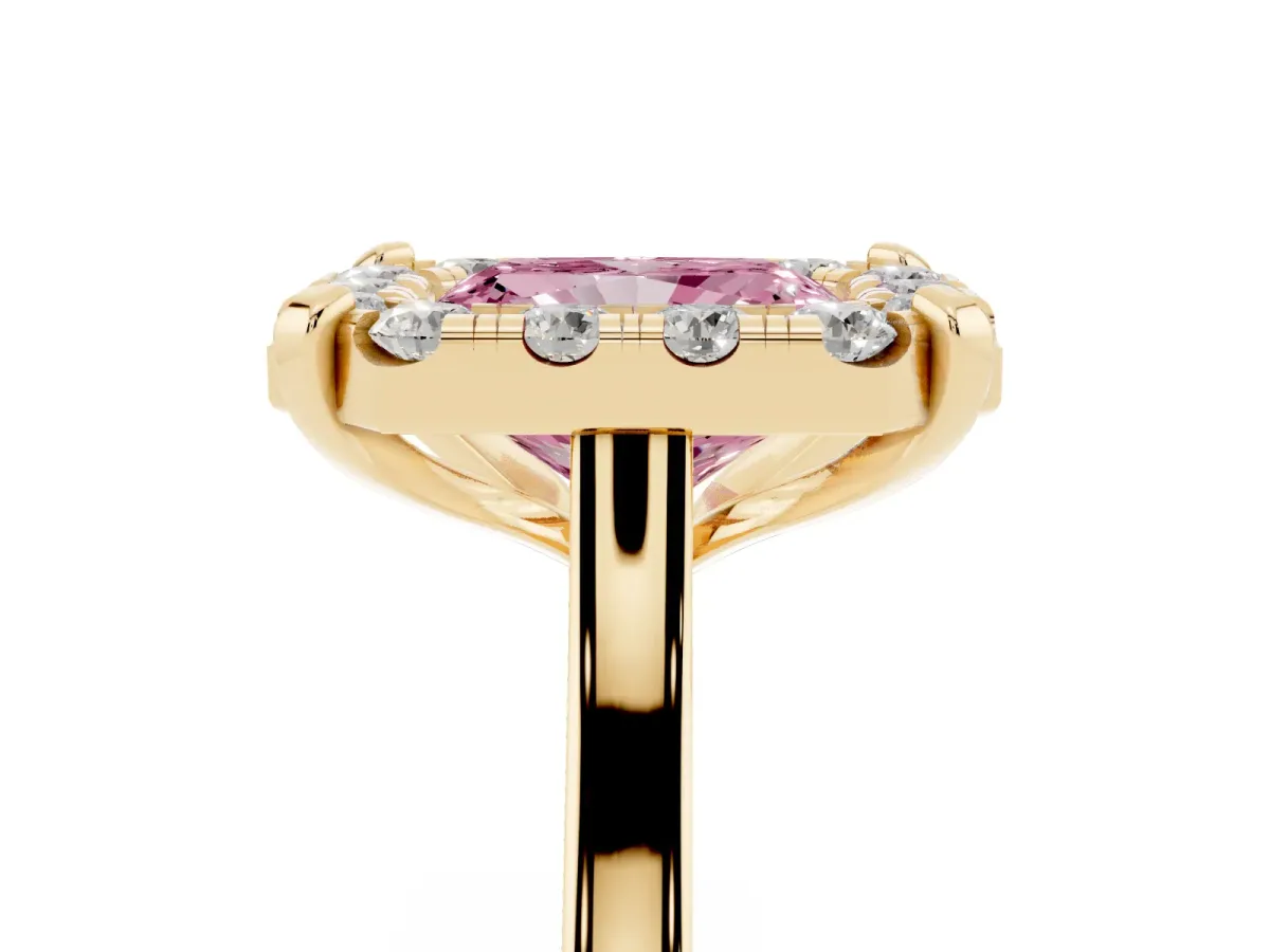 Fancy Pink Radiant Cut Diamond Cluster Halo Solitaire with Four-Prong Setting Yellow gold