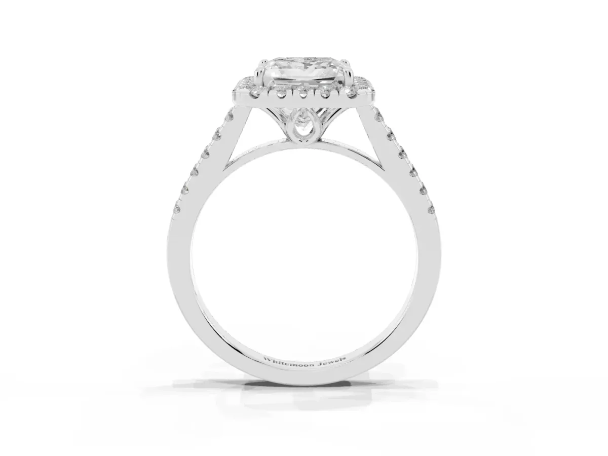 Princess Cut Halo Pavé Diamond Engagement Ring with Four-Prong Setting Silver