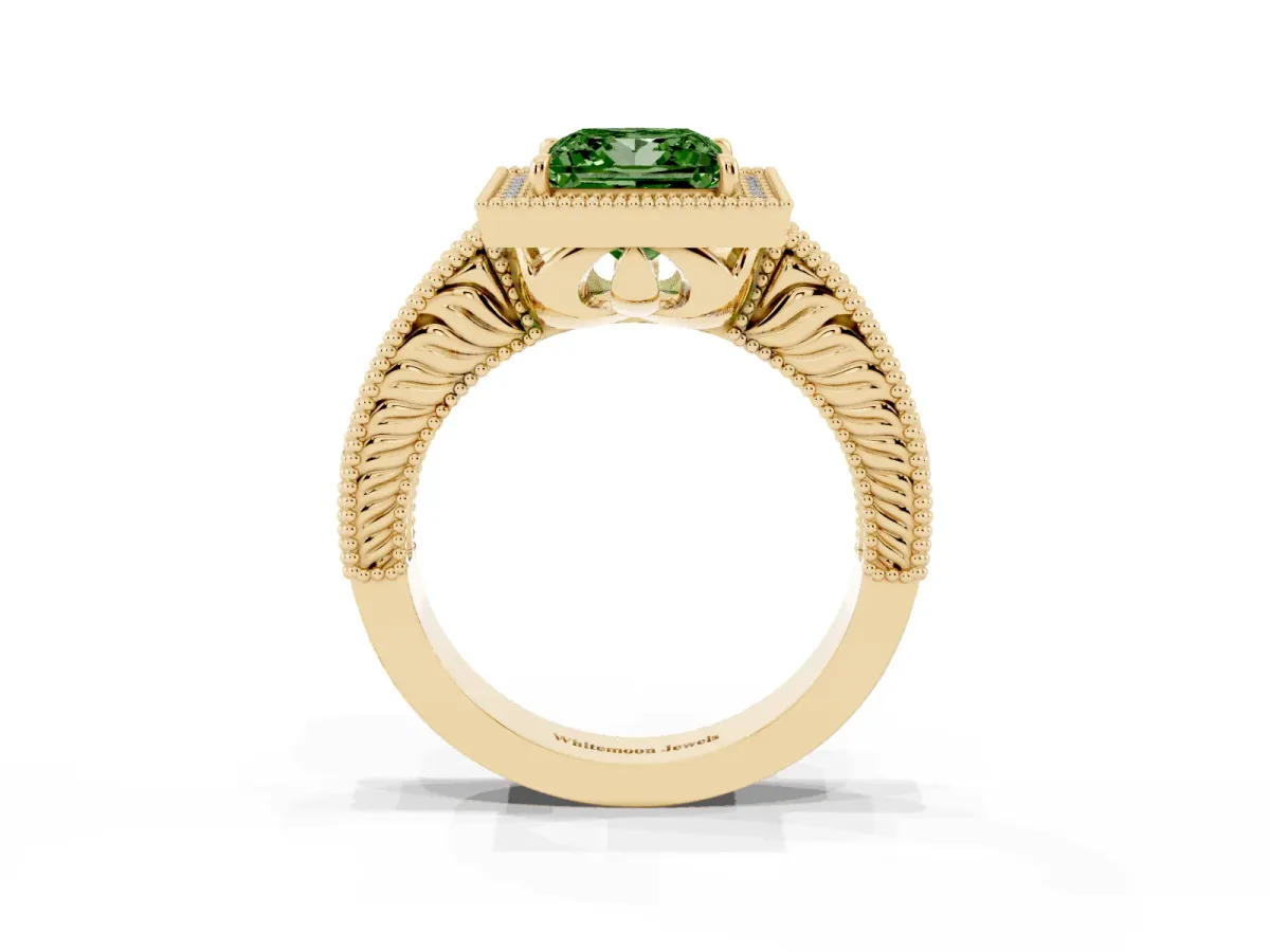 Fancy Green Princess Cut Cut Halo Diamond Ring with Pavé Band and Four-Prong Setting Yellow gold