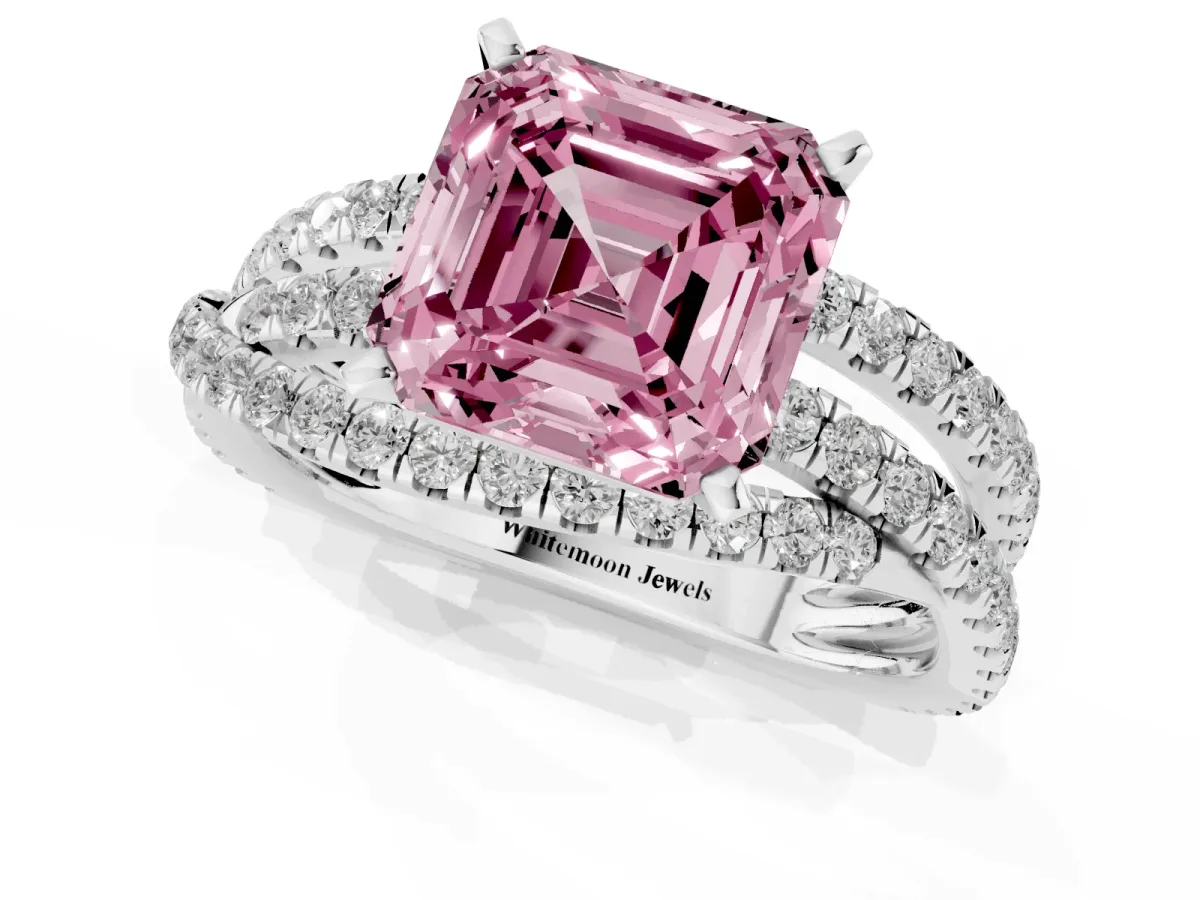 Fancy Pink Asscher Cut Solitaire Twist Band with Pavé Setting and Four-Prong Setting Silver