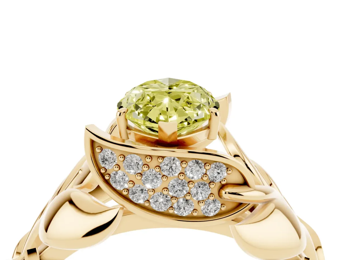Fancy Yellow Marquise Cut Diamond Leaf-Inspired Engagement Ring with Round Accents and Prong Setting Yellow gold