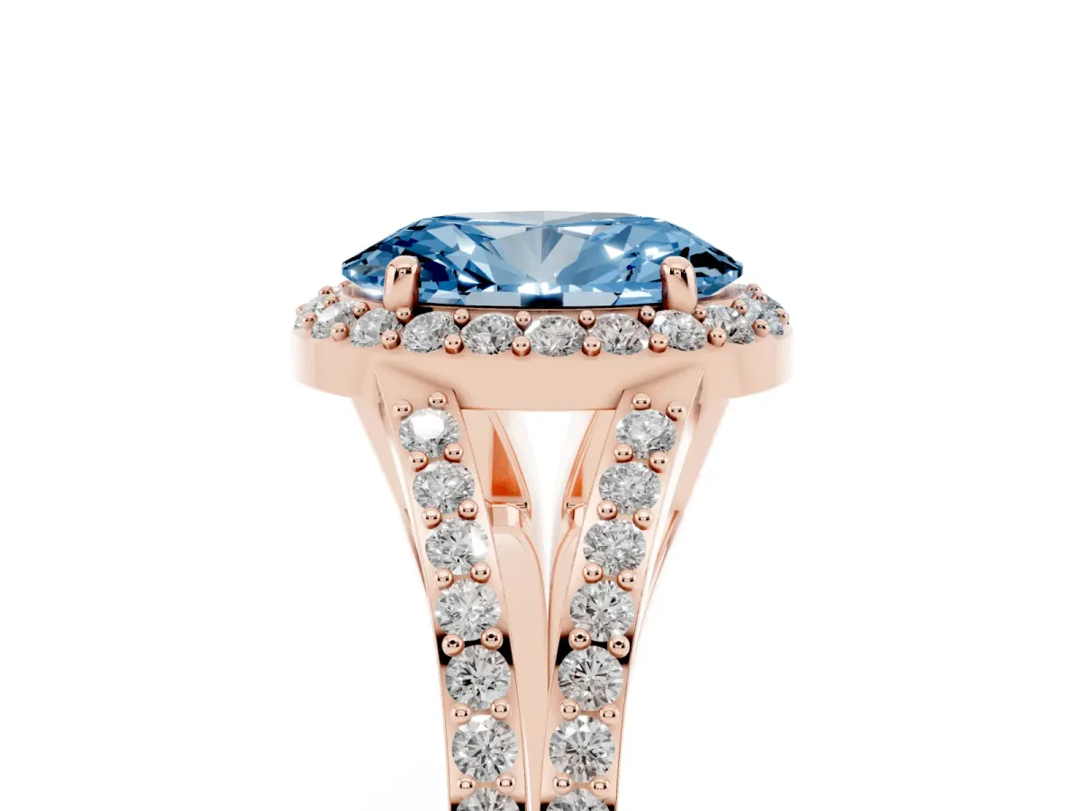 Fancy Blue Oval Cut Halo Split Shank Diamond Ring with Prong Setting Rose gold