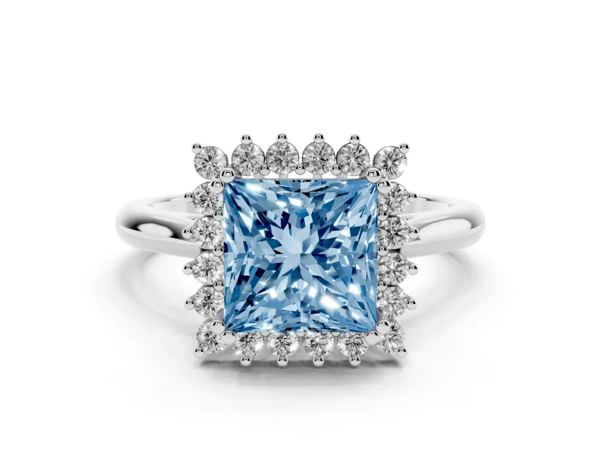 Fancy Blue Princess Cut Cut Diamond Halo Ring with Solitaire Band and Prong Setting White gold