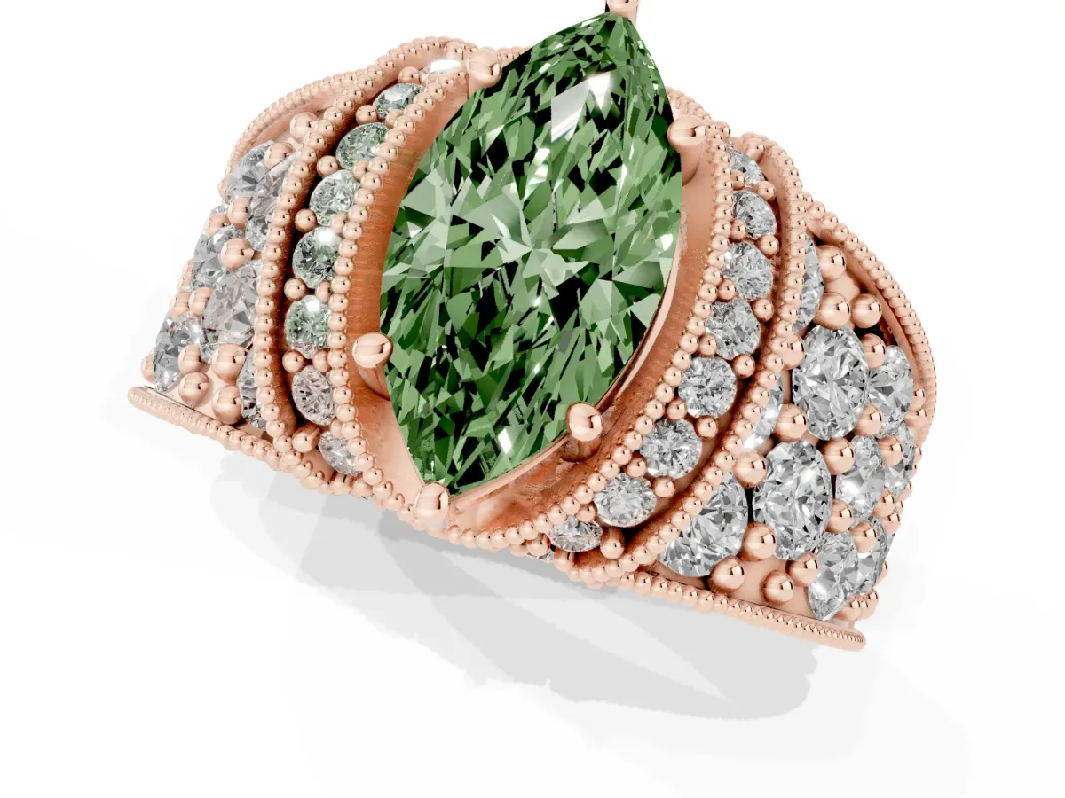 Fancy Green Marquise Cut Halo Pave Diamond Engagement Ring with Milgrain Detailing Rose gold