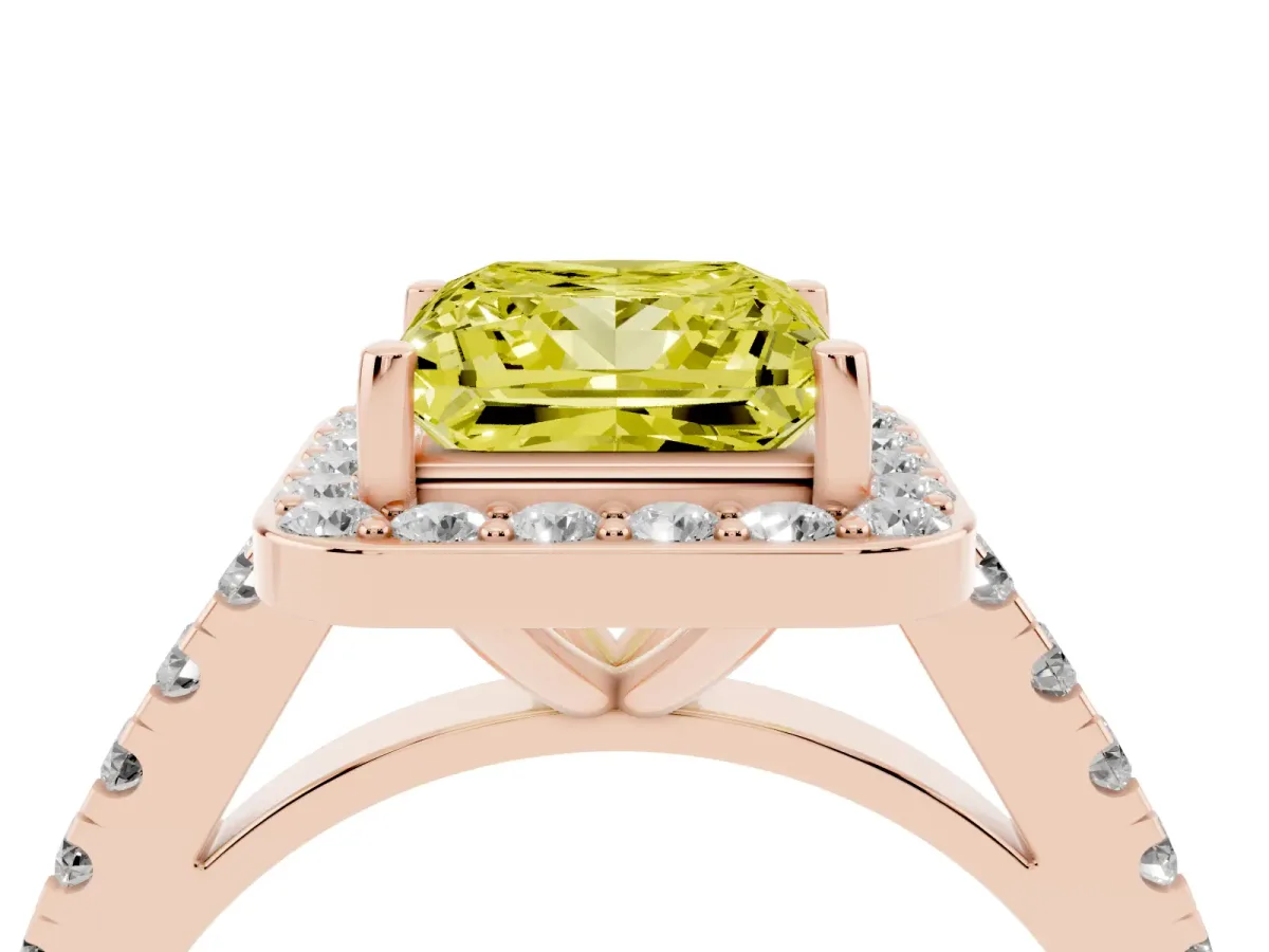 Fancy Yellow Princess Cut Diamond Halo Ring with Round Pavé Split Shank and Prong Setting Rose gold
