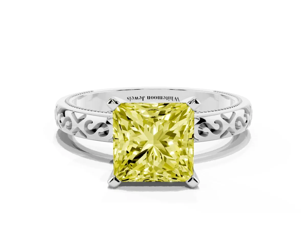 Fancy Yellow Princess Cut Solitaire Engagement Ring with Scrollwork Band and Four-Prong Setting Silver