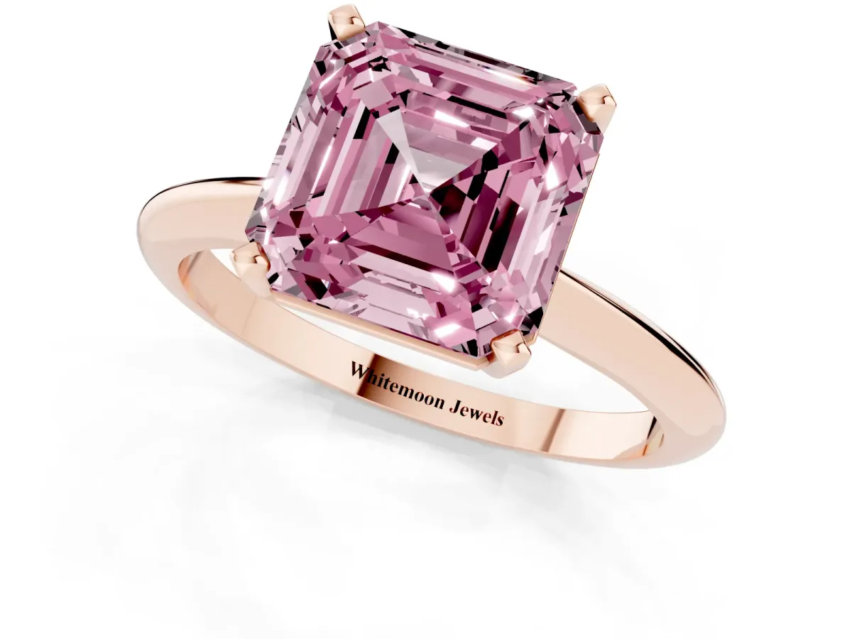 Fancy Pink Asscher Cut Cut Solitaire Ring with Four-Prong Setting on a Classic Band Rose gold