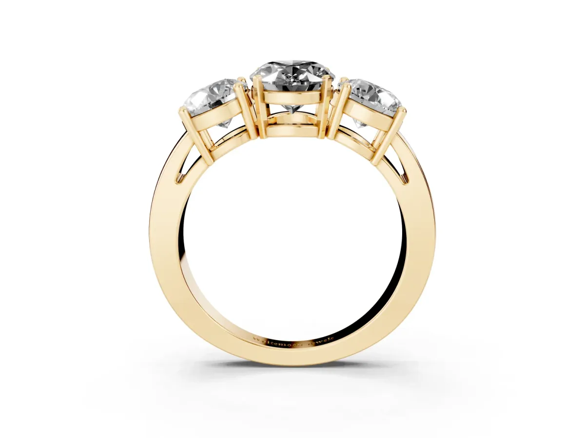 Fancy Black Three-Stone Oval Cut Diamond Ring with Round Side Stones, Classic Band, and Four-Prong Setting Yellow gold
