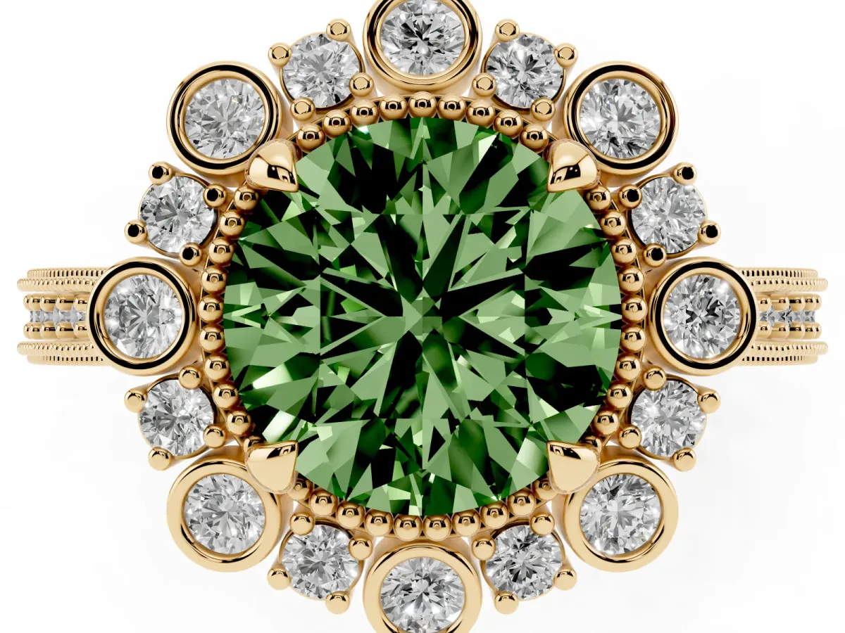 Fancy Green Round Cut Halo Milgrain Pave Diamond Ring with Four-Prong Setting Yellow gold