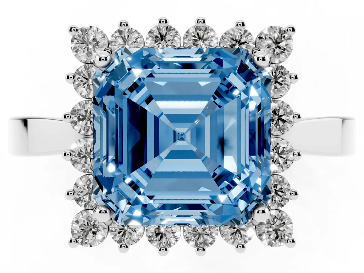 Fancy Blue Asscher Cut Cut Diamond Halo Ring with Round Brilliant Halo and Solitaire Band Silver