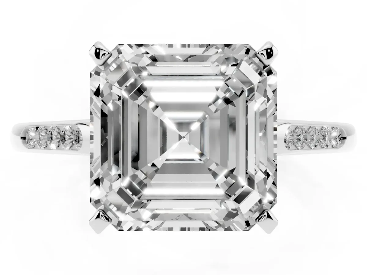 Asscher Cut Diamond Solitaire Ring with Channel Set Round Band and Prong Setting Silver