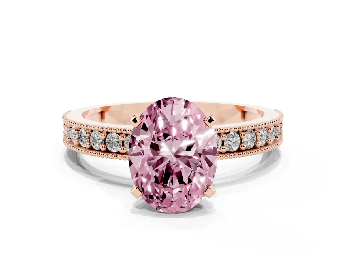 Fancy Pink Oval Cut Diamond Milgrain Pavé Engagement Ring with Four-Prong Setting Rose gold