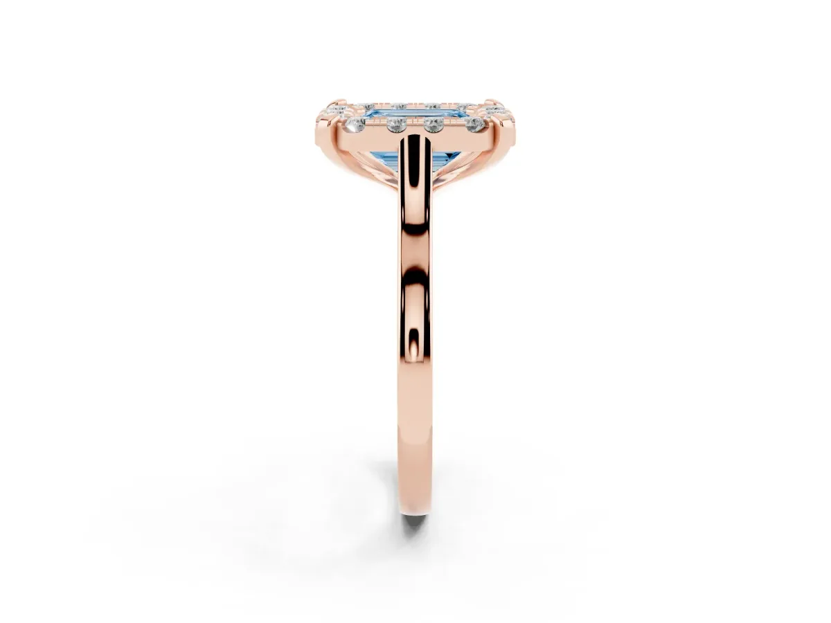 Fancy Blue Emerald Cut Diamond Cluster Halo Solitaire with Four-Prong Setting Rose gold