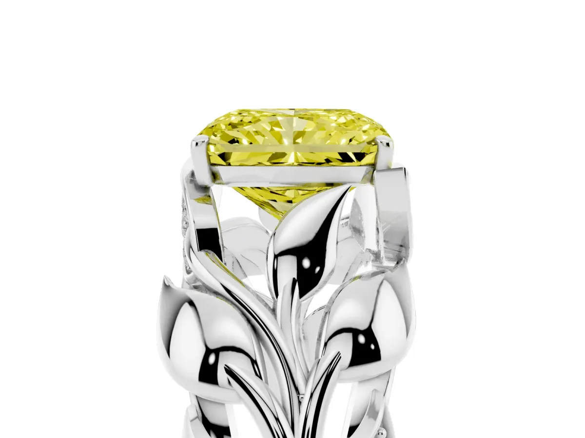 Fancy Yellow Radiant Cut Diamond Leaf-Inspired Engagement Ring with Round Accents and Prong Setting Silver