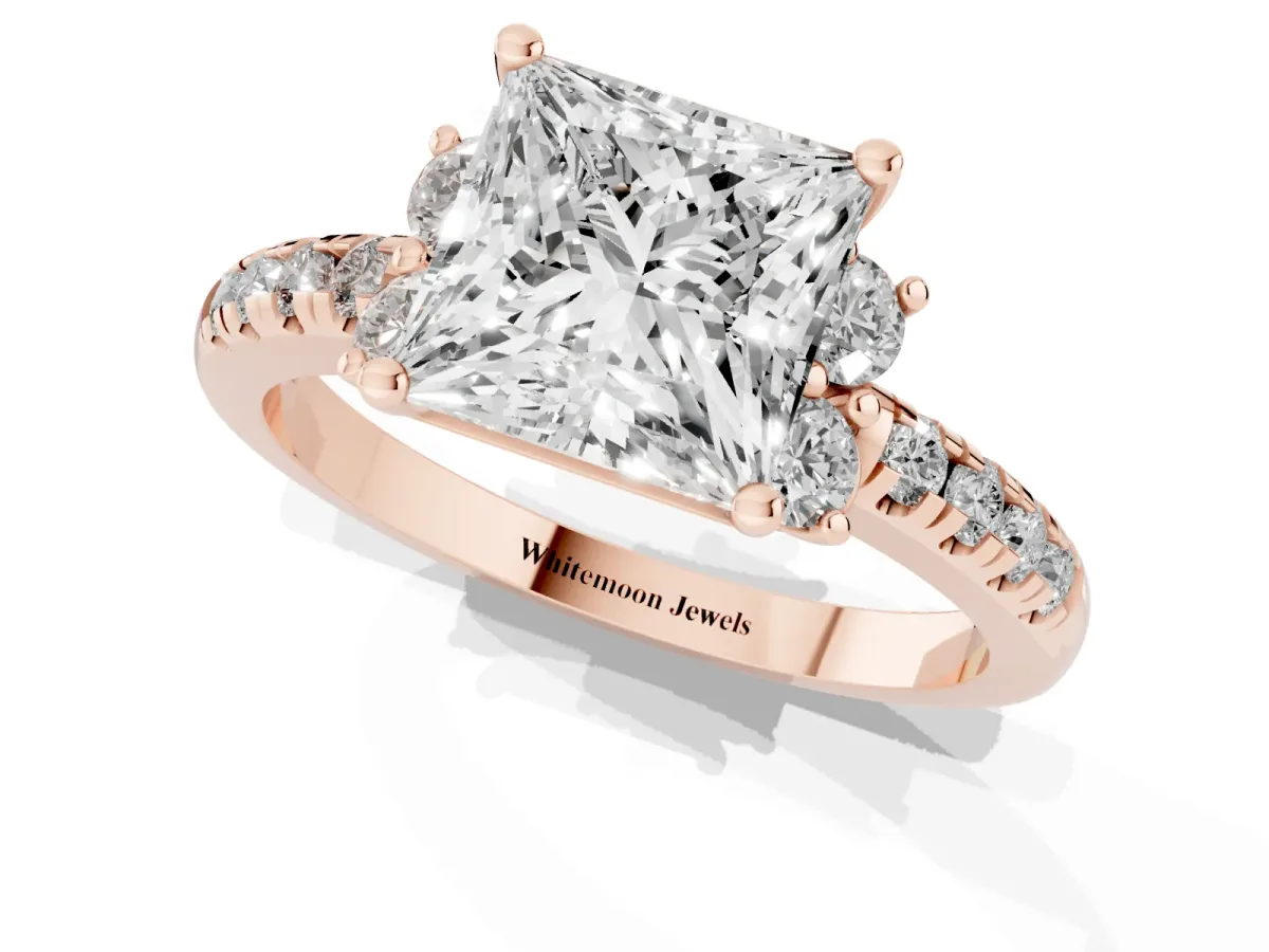 Princess Cut Diamond Three-Stone Pave Band with Four-Prong Setting Rose gold