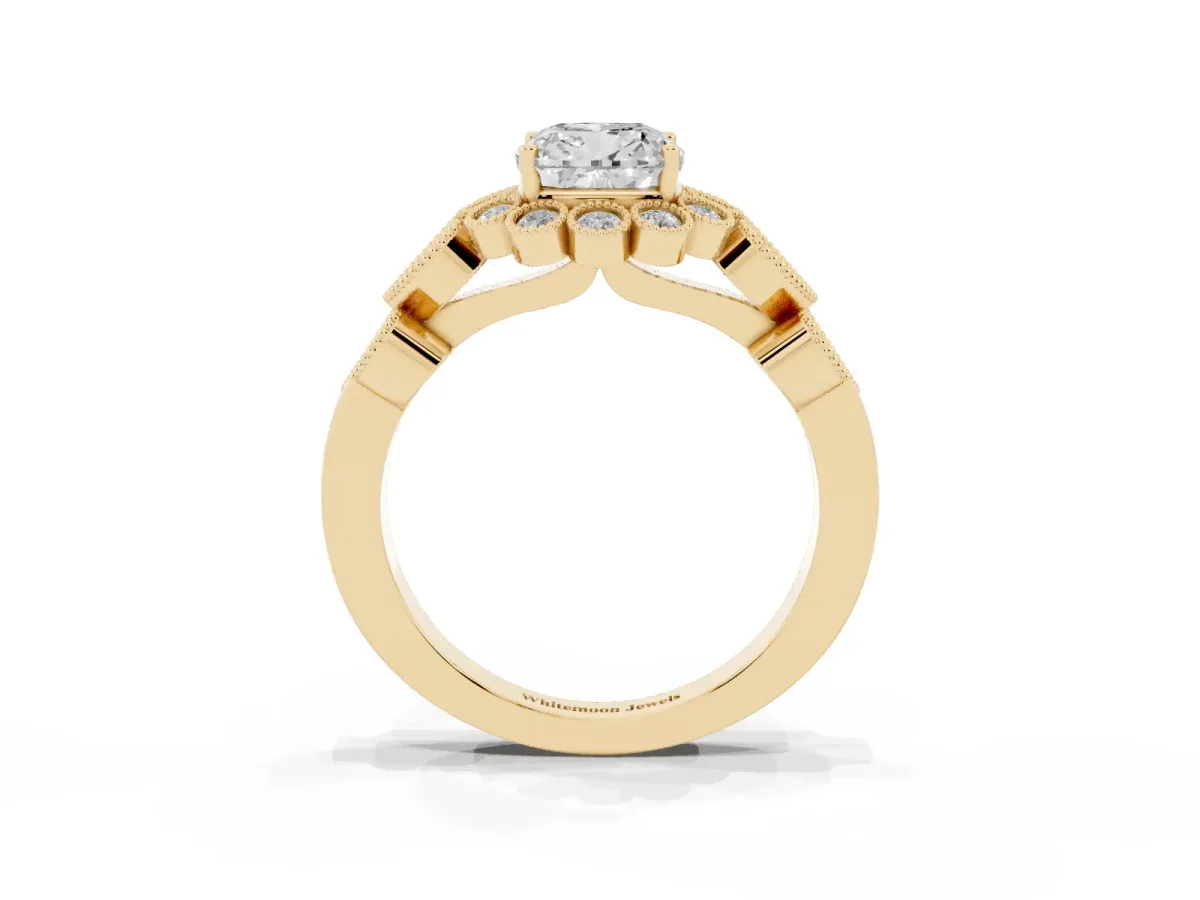 Cushion Cut Brilliant Milgrain Pave Heart Band Solitaire Ring Yellow gold