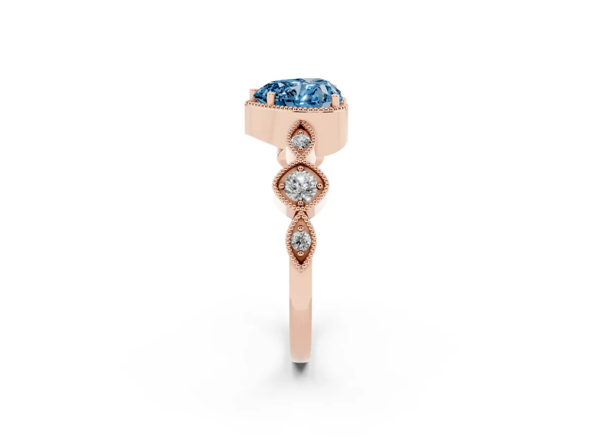 Fancy Blue Heart Cut Diamond Vintage Milgrain Ring with Round Stations Rose gold