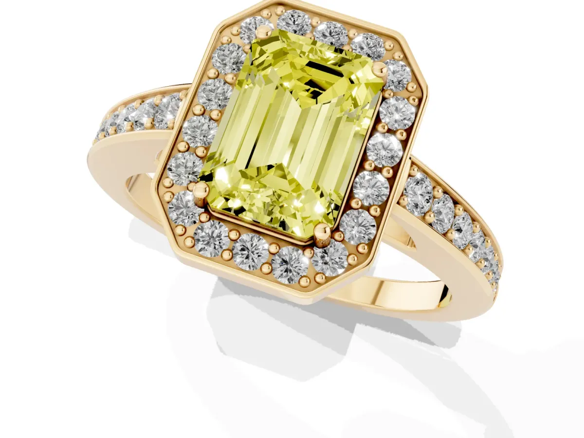 Fancy Yellow Emerald Cut Halo Pavé Diamond Engagement Ring with Bezel Setting Yellow gold