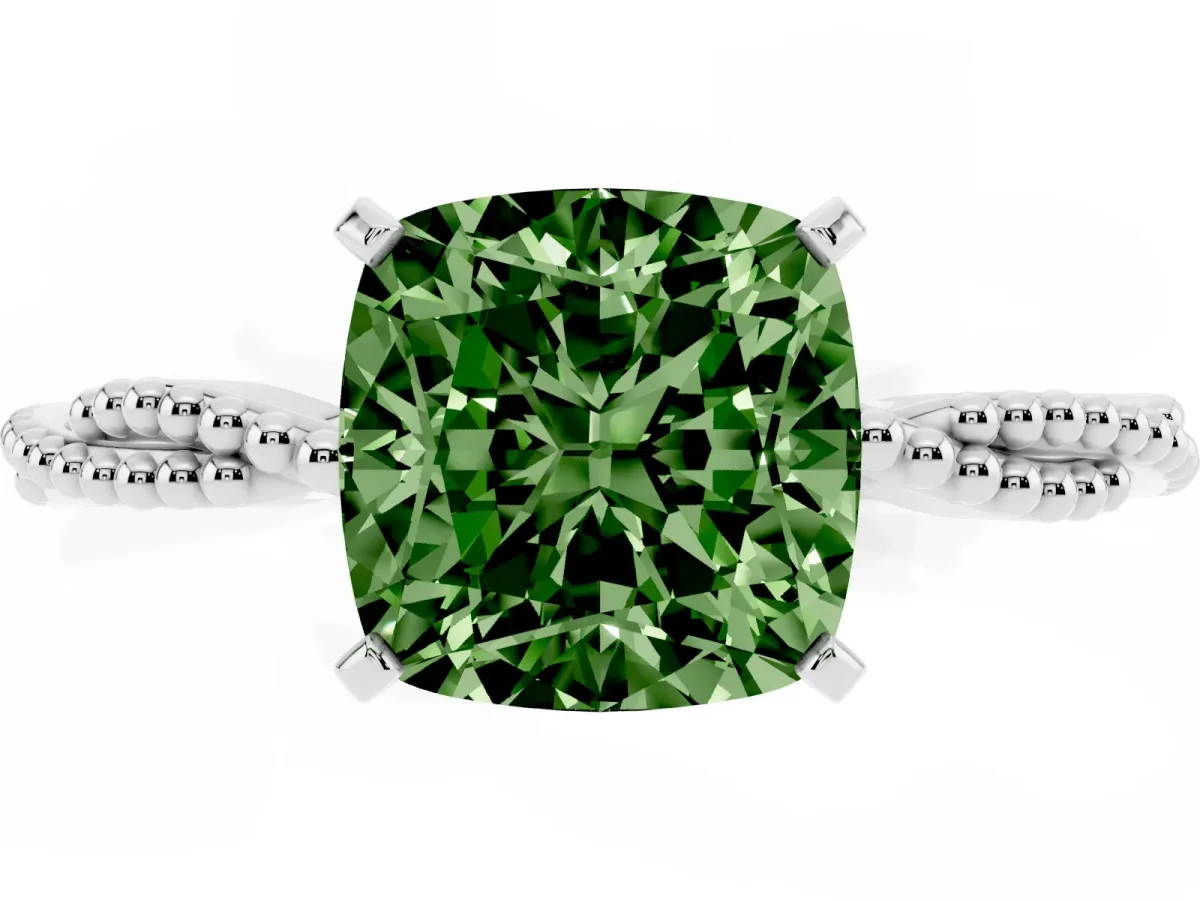 Fancy Green Cushion Cut Solitaire Twisted Band with Bead Prong Setting Silver