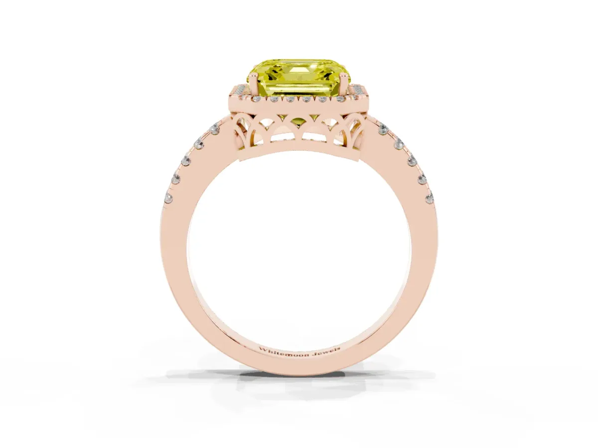 Fancy Yellow Asscher Cut Halo Diamond Engagement Ring with Pavé Band and Four-Prong Setting Rose gold