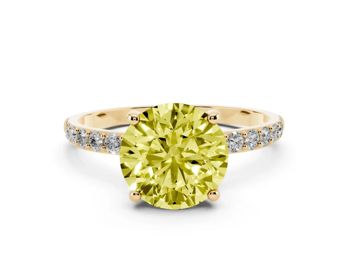 Fancy Yellow Round Cut Diamond Solitaire Ring with Round Pavé Band and Prong Setting Yellow gold