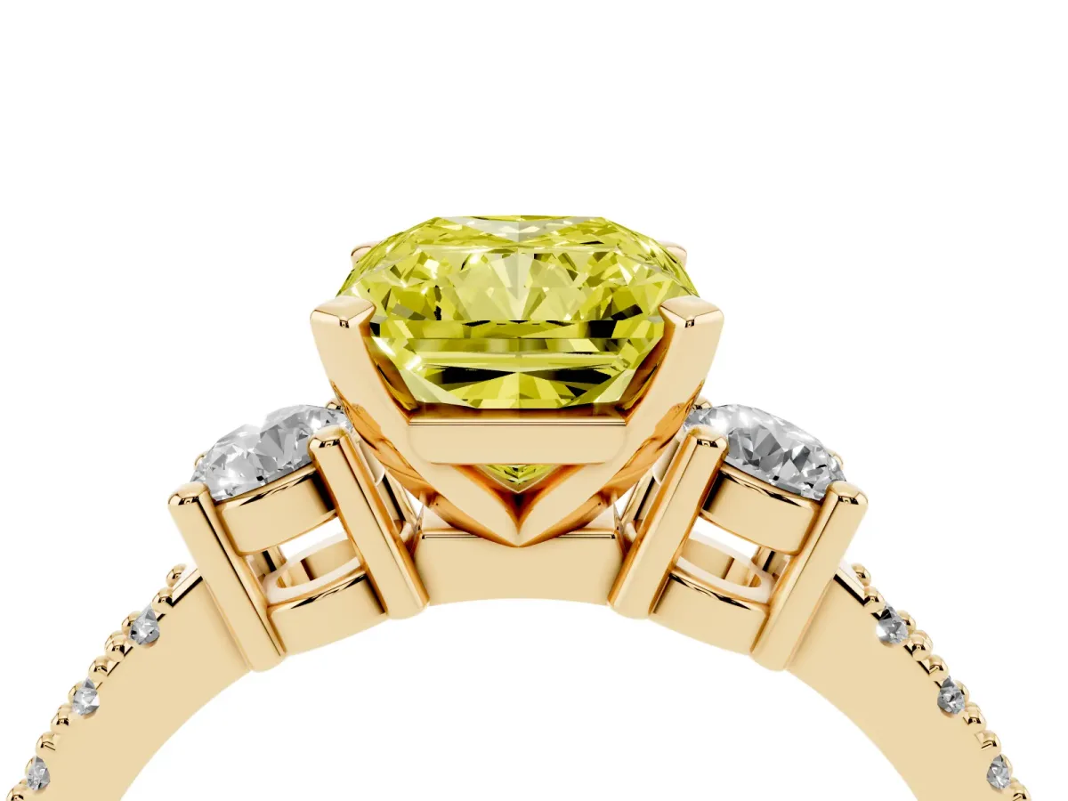 Fancy Yellow Radiant Cut Three-Stone Diamond Pavé Band with Prong Setting Yellow gold