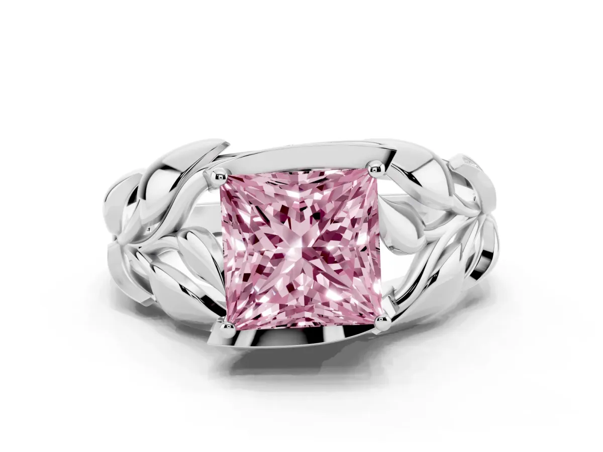 Fancy Pink Princess Cut Diamond Leaf-Inspired Engagement Ring with Round Accents and Prong Setting Platinum