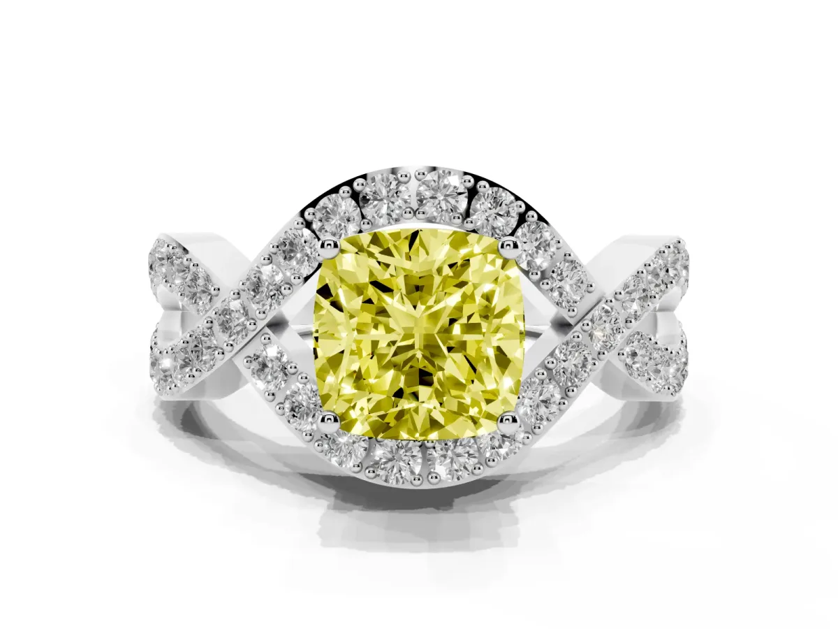 Fancy Yellow Cushion Cut Solitaire Twist Band Pavé Diamond Engagement Ring Silver