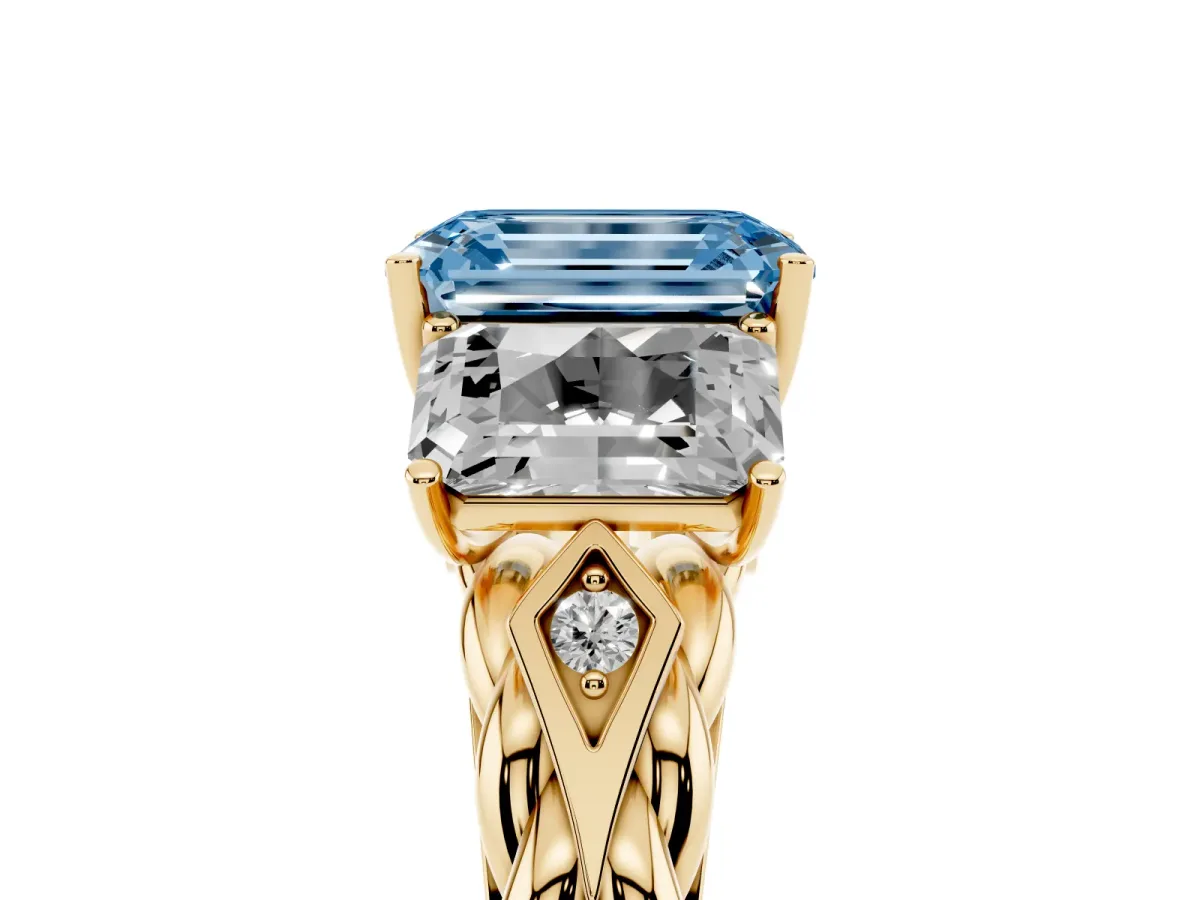 Fancy Blue Three-Stone Radiant Cut Diamond Braided Band Ring with Four-Prong Setting Yellow gold