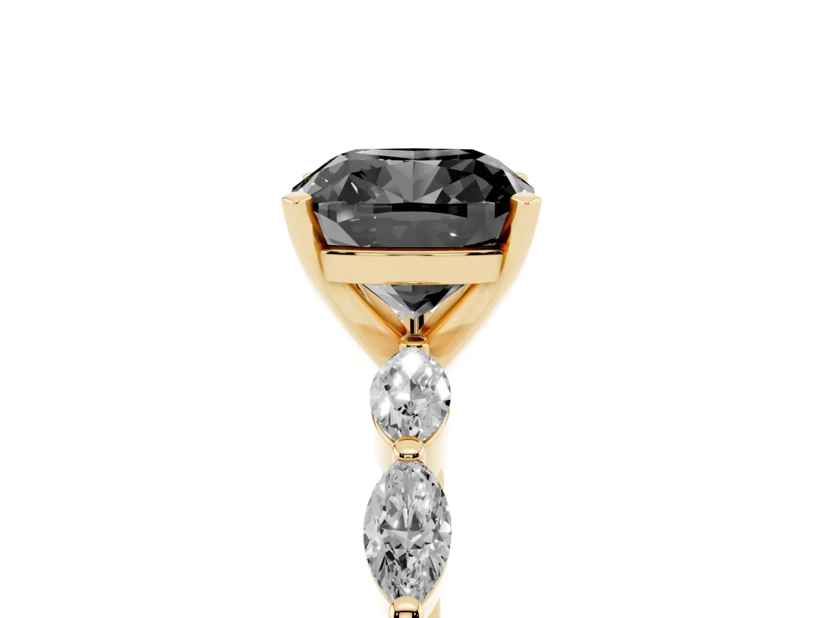 Fancy Black Cushion Cut Diamond Ring with Marquise Side Stones and Prong Setting Yellow gold
