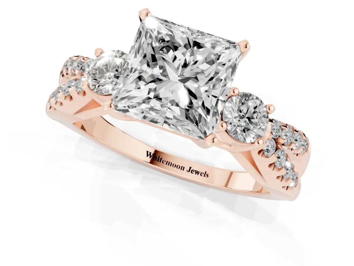 Princess Cut Diamond Three-Stone Ring with Pavé Split Shank and Four-Prong Setting Rose gold