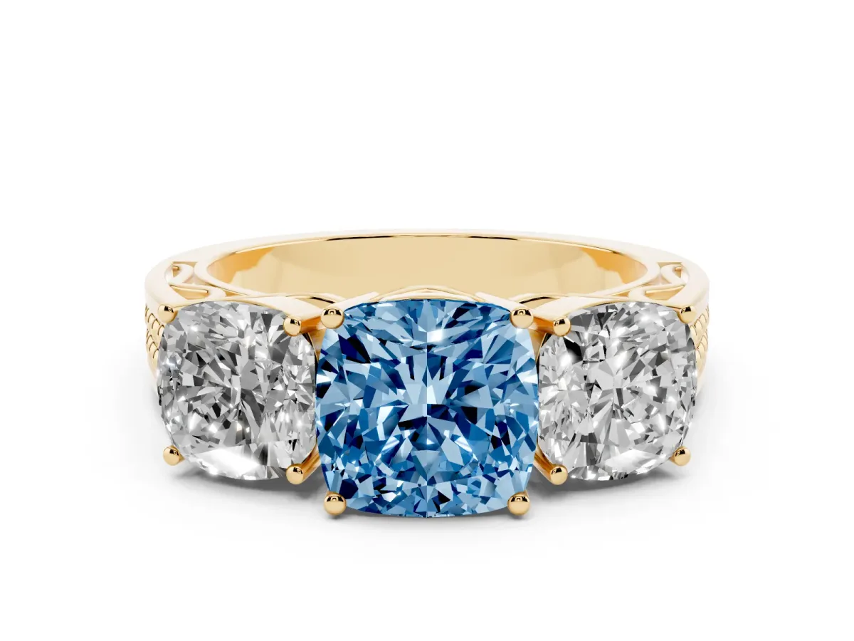 Fancy Blue Cushion Cut Diamond Three-Stone Ring with Prong Setting and Textured Band Yellow gold