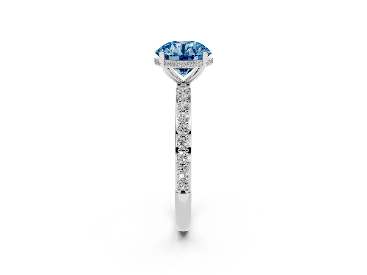 Fancy Blue Round Cut Diamond Solitaire Ring with Pavé Band and Hidden Halo Silver